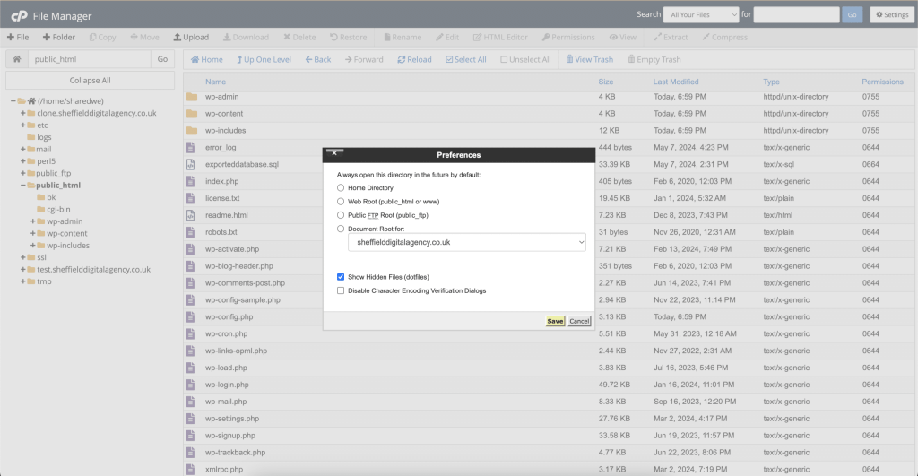 Showing Hidden Files In cPanel File Manager Screenshot Conor Bradley Digital Agency