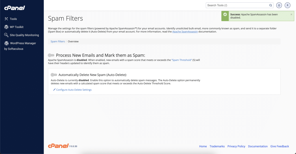 Spam Filters Have Been Disabled Screenshot