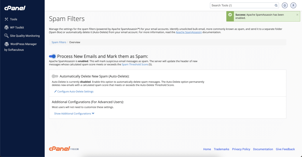 Spam Filters Have Been Enabled Screenshot