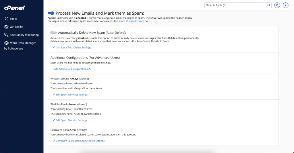 Spam Filters List Of Configurations Screenshot