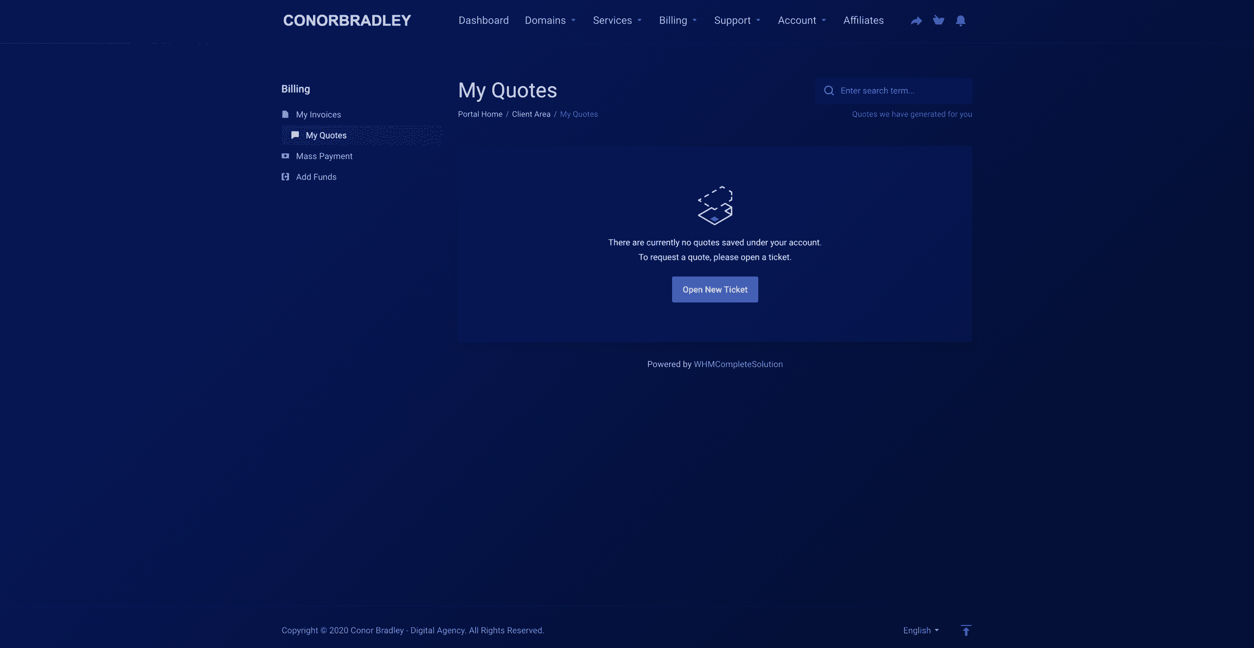 The my quotes dashobard on conor bradley digital agency