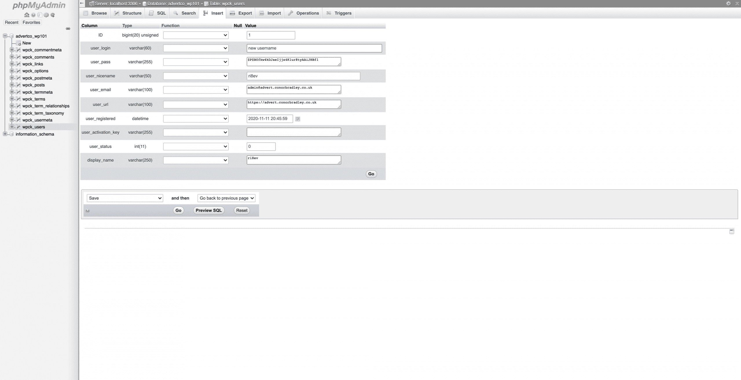 Typing in the new username in PHPMyAdmin then pressing go Conor Bradley Digital Agency