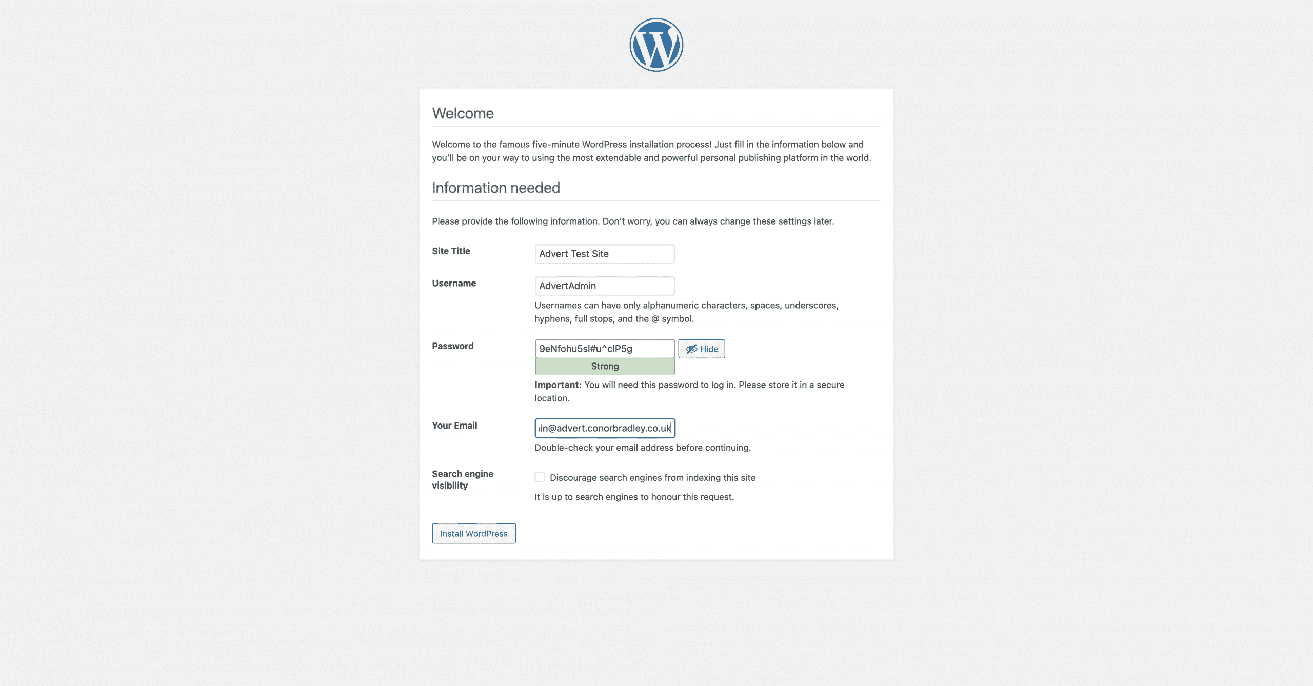 Typing in the wordpress site titleadmin usernamepassword and email then pressing install wordpress Conor Bradley Digital Agency