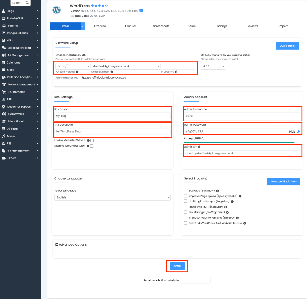 How To Install WordPress and SSL In cPanel WordPress Manager by Softaculous Install Dashboard screenshot Conor Bradley Digital Agency