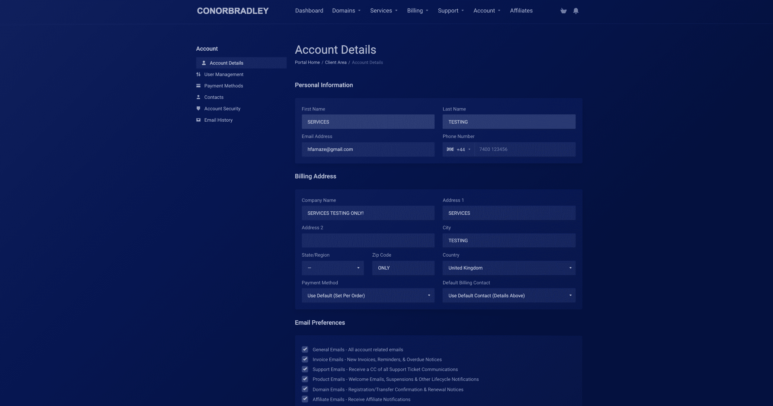 account security details page Conor Bradley Digital Agency