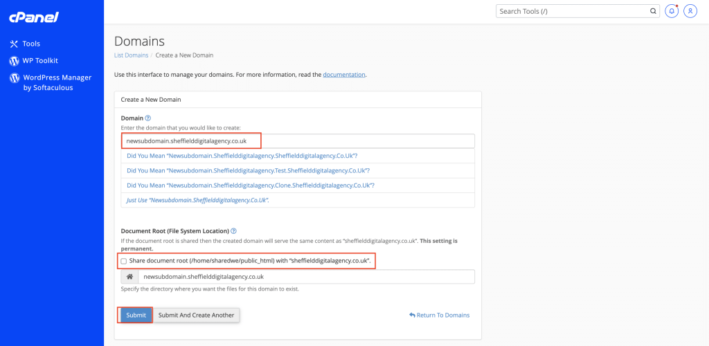 How To Create Another Website On The Same cPanel adding a domain in cPanel domains screenshot Conor Bradley Digital Agency