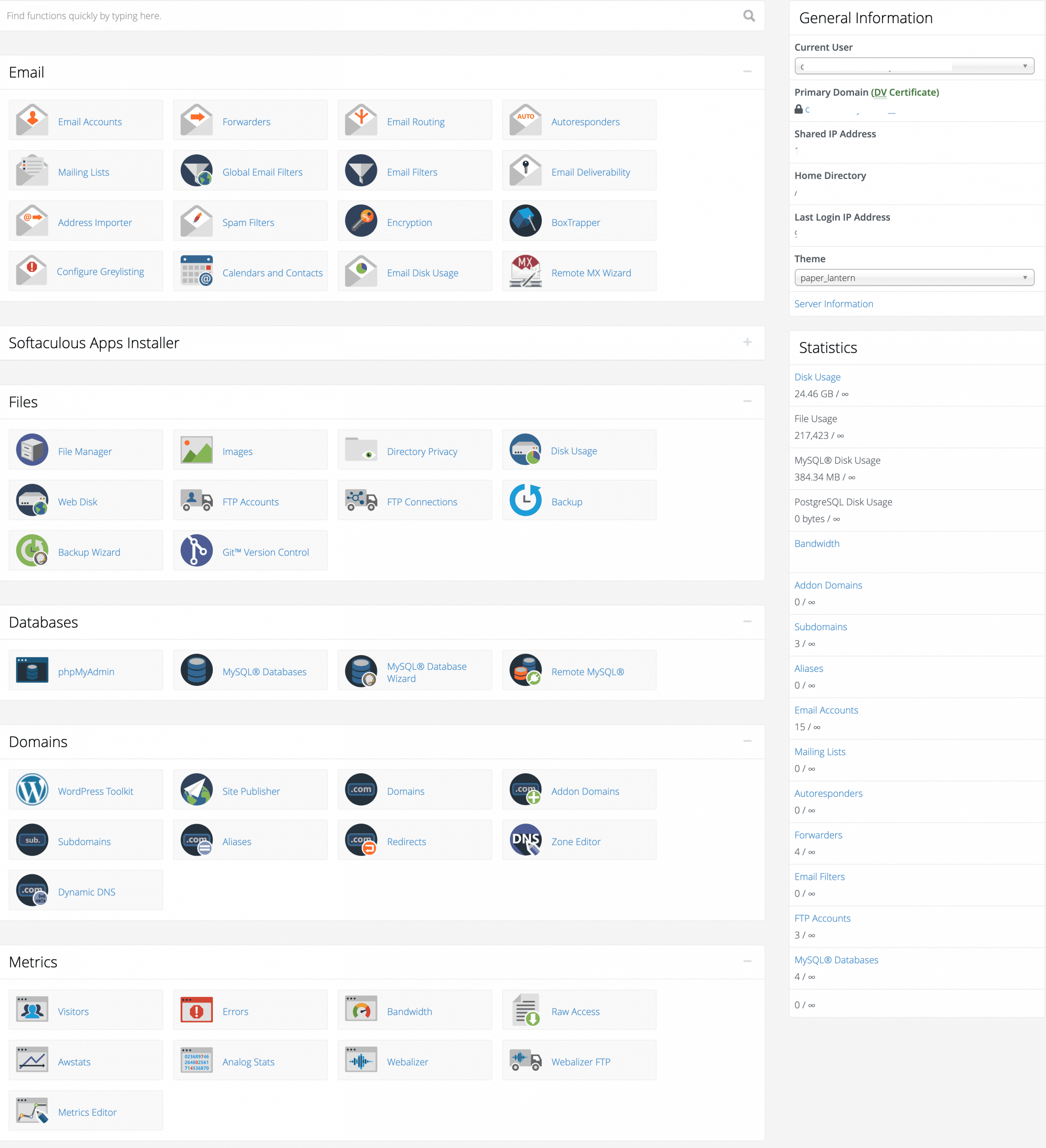 cPanel dashboard for managing Codex website hosting