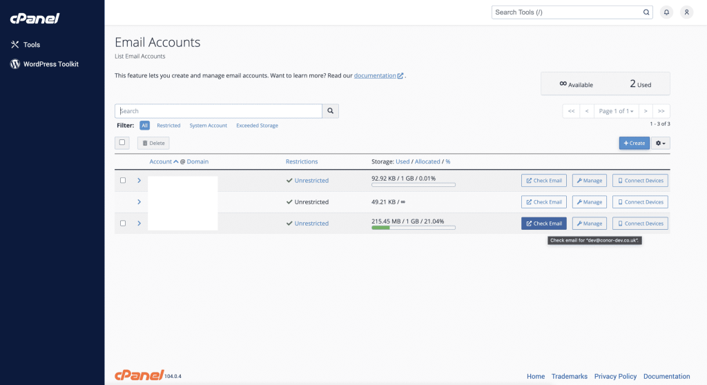 How to access Horde webmail cPanel Email Accounts Screenshot with check email highlighted Conor Bradley Digital Agency