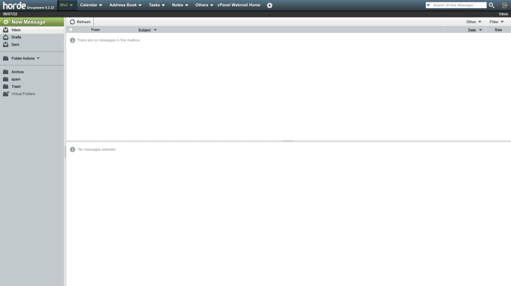 How to access Horde webmail cPanel Horde webmail dashboard screenshot Conor Bradley Digital Agency