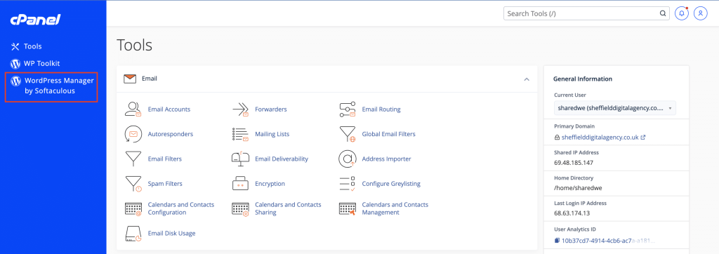 How To Create Automatic WordPress Backups With Softaculous cPanel dashboard selecting WordPress Manager by Softaculous screenshot Conor Bradley Digital Agency