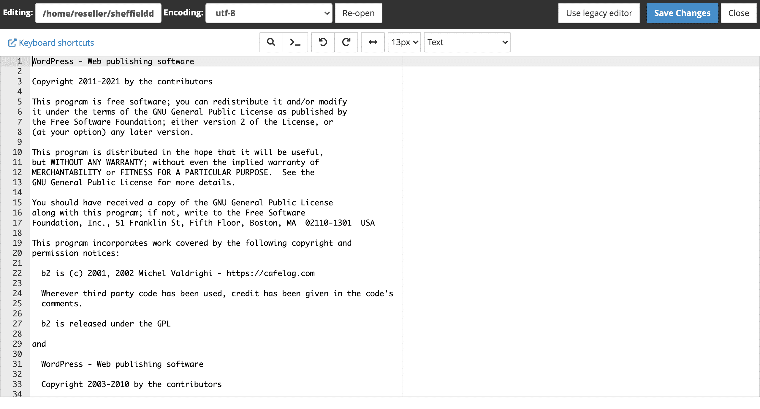 cPanel file editor screenshot conor bradley digital agency