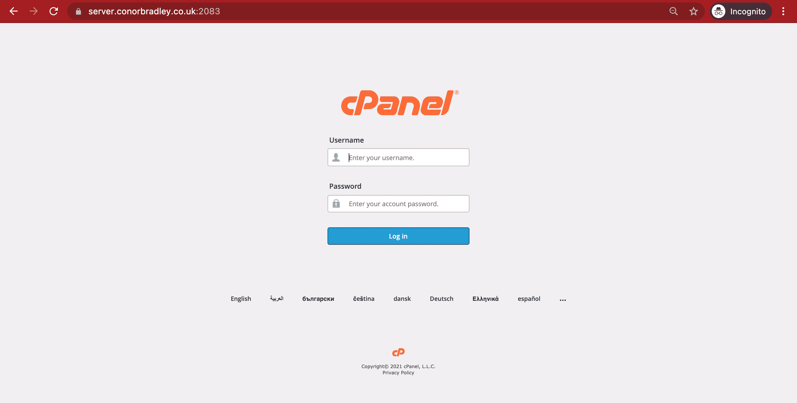 cPanel homescreen logging in from a direct link conor bradley digital agency