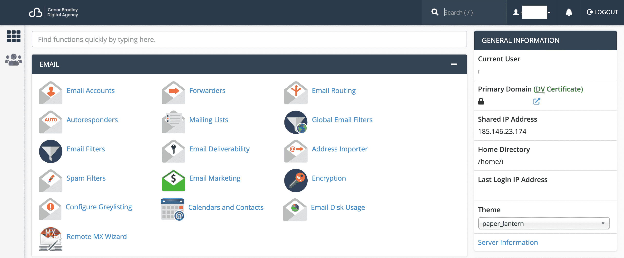 How to find your website hosting IP address cPanel hosting information for IP Address conor bradley digital agency