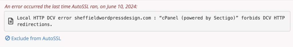 cPanel powered by Sectigo forbids DCV HTTP redirections screenshot Conor Bradley Digital Agency