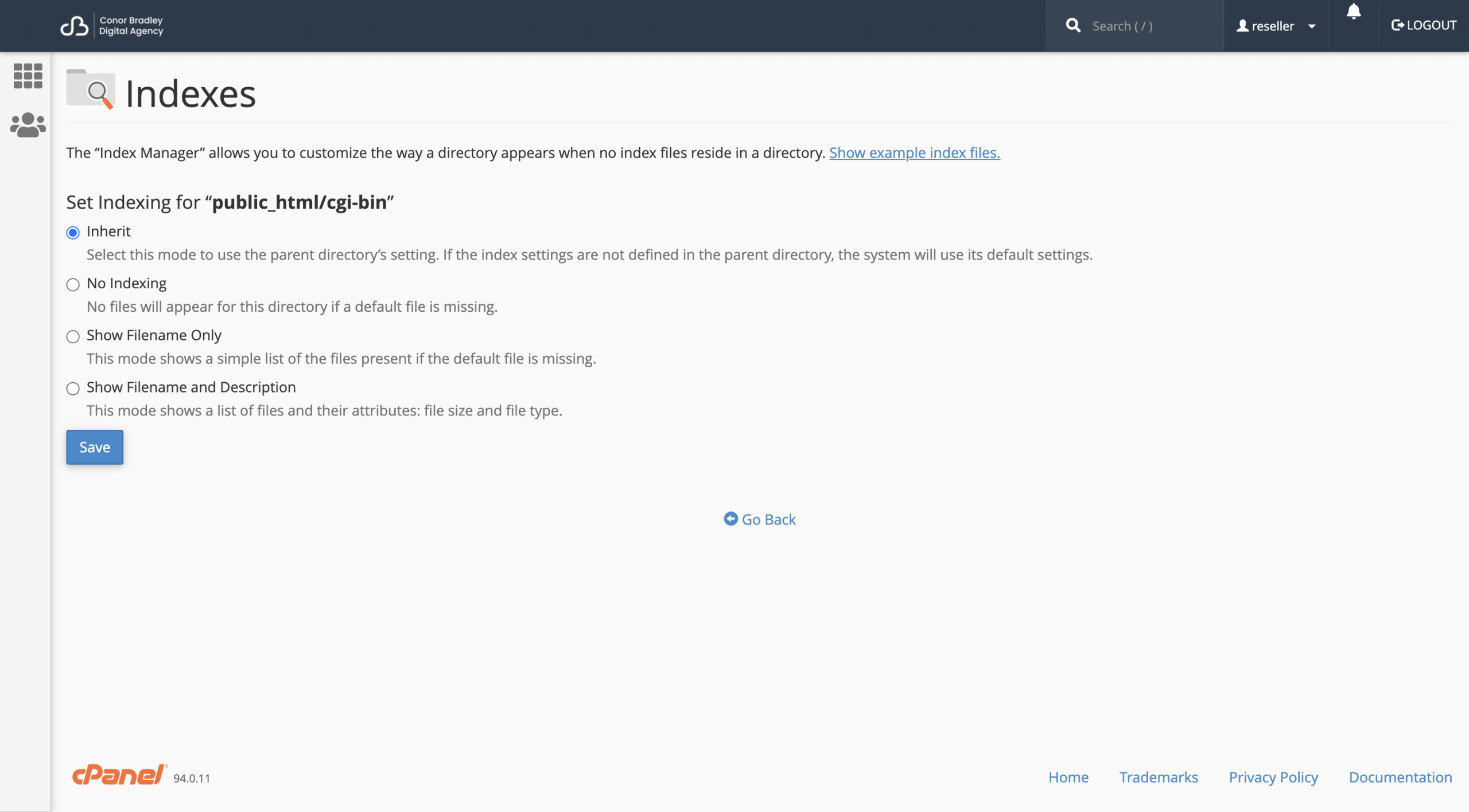 changing a directory index setting in cPanel conor bradley digital agency