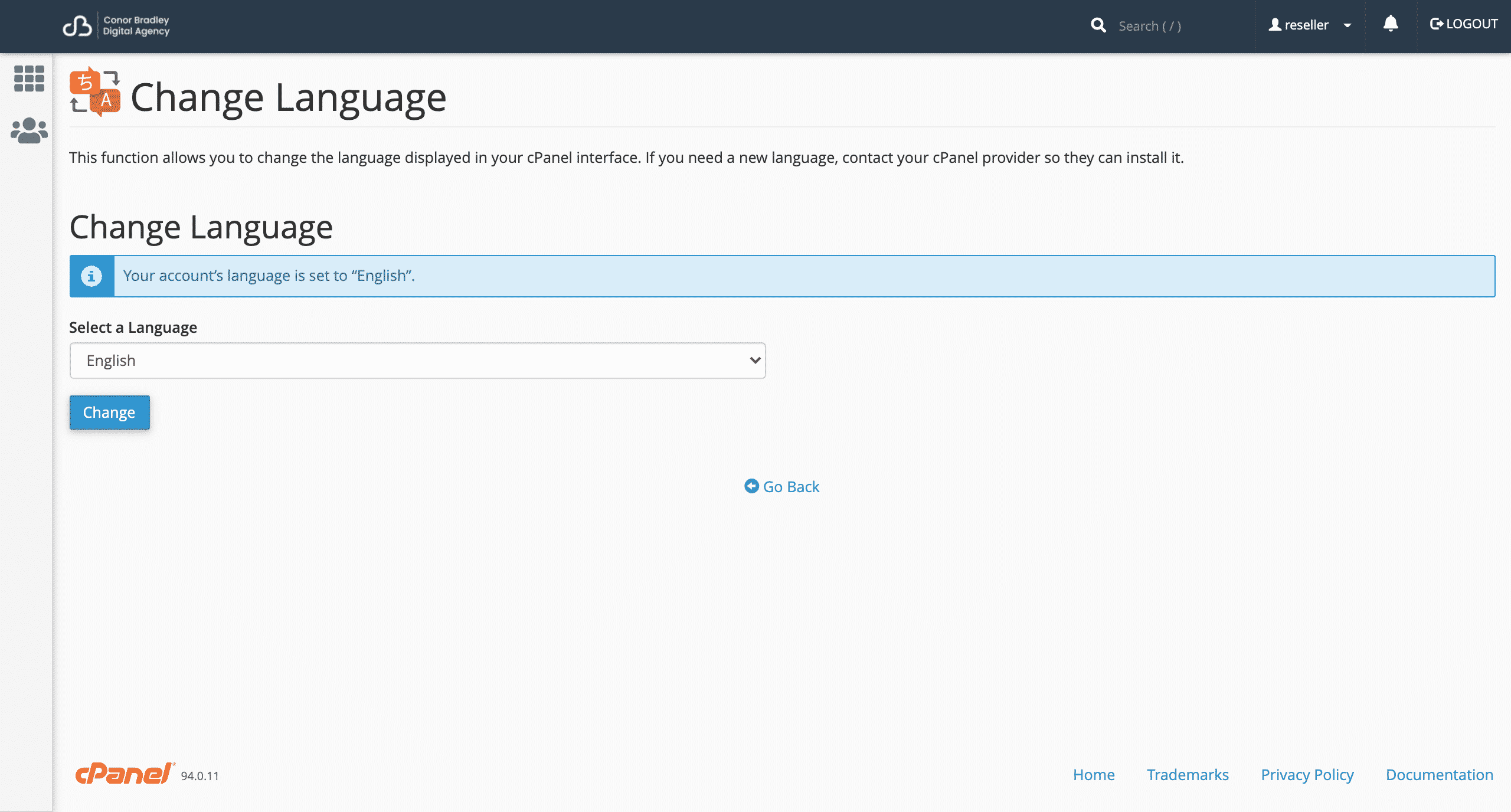 changing the language on cPanel conor bradley digital agency