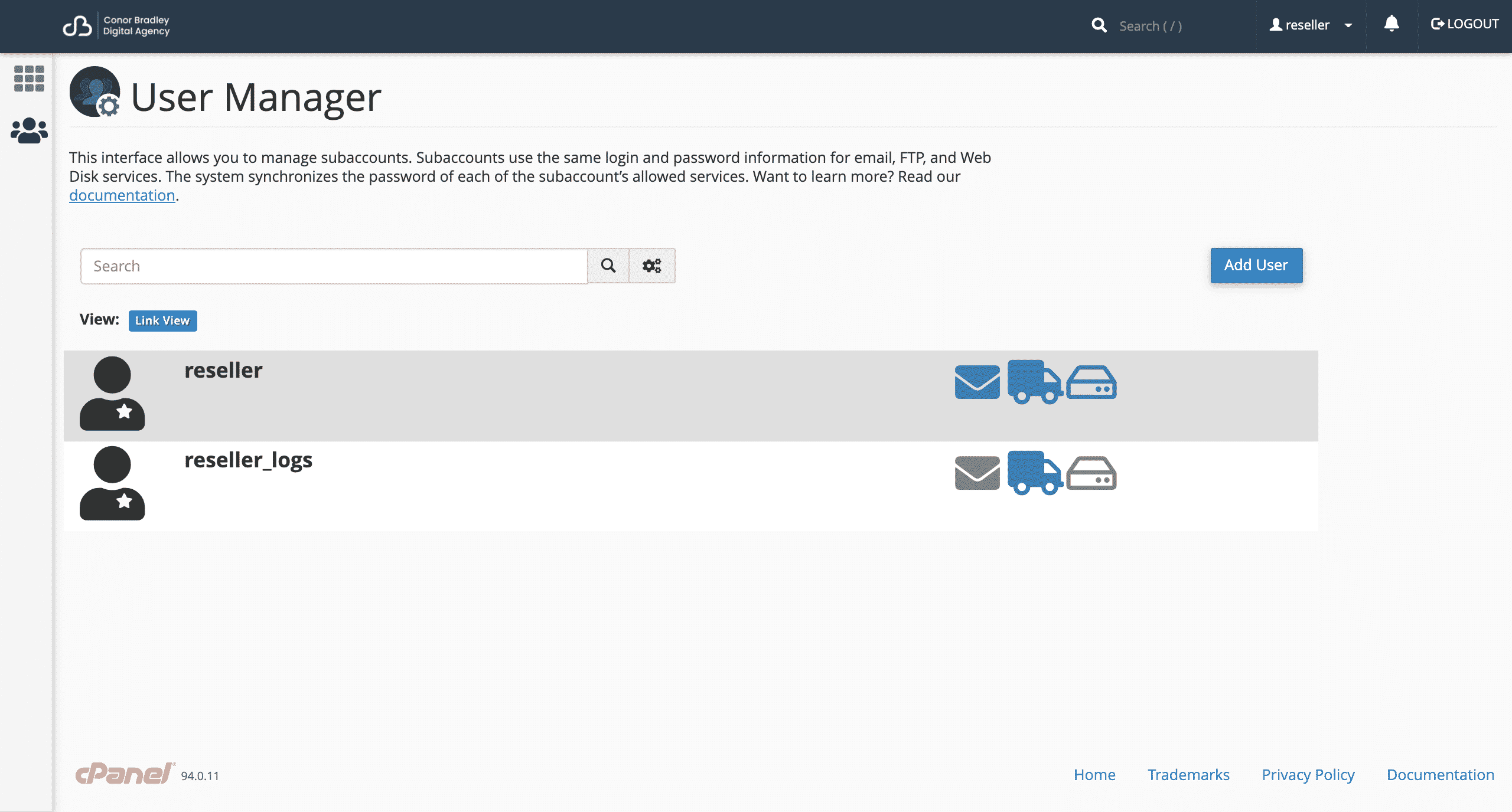 clicking add user on the user manager cPanel conor bradley digital agency