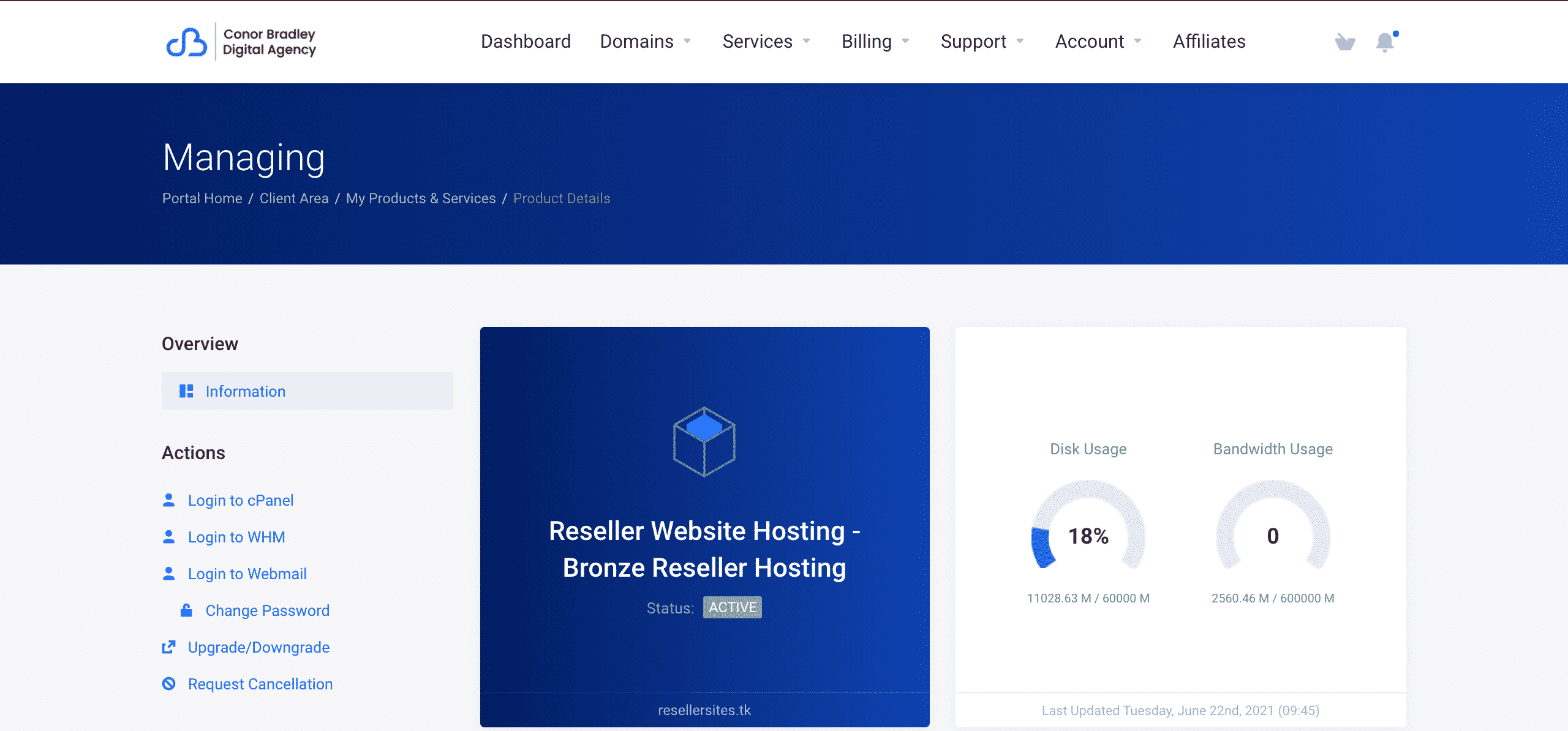 clicking change password in the client portal conor bradley digital agency