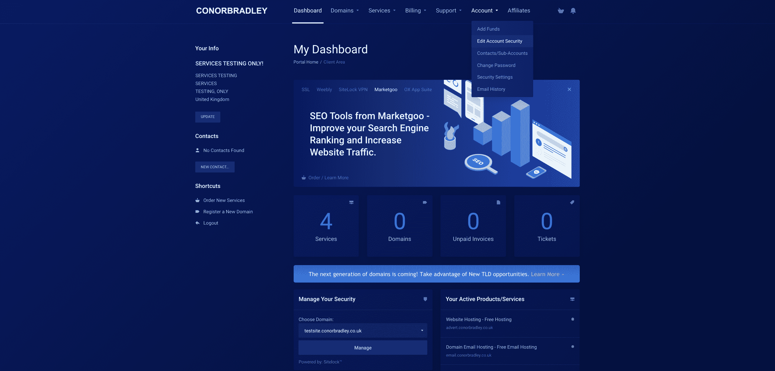 clicking on account then edit account security to change information details Conor Bradley Digital Agency