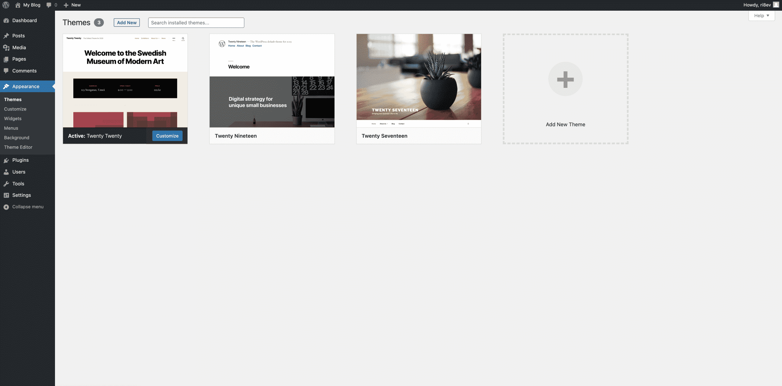 clicking on add new on the wordpress themes dashboard