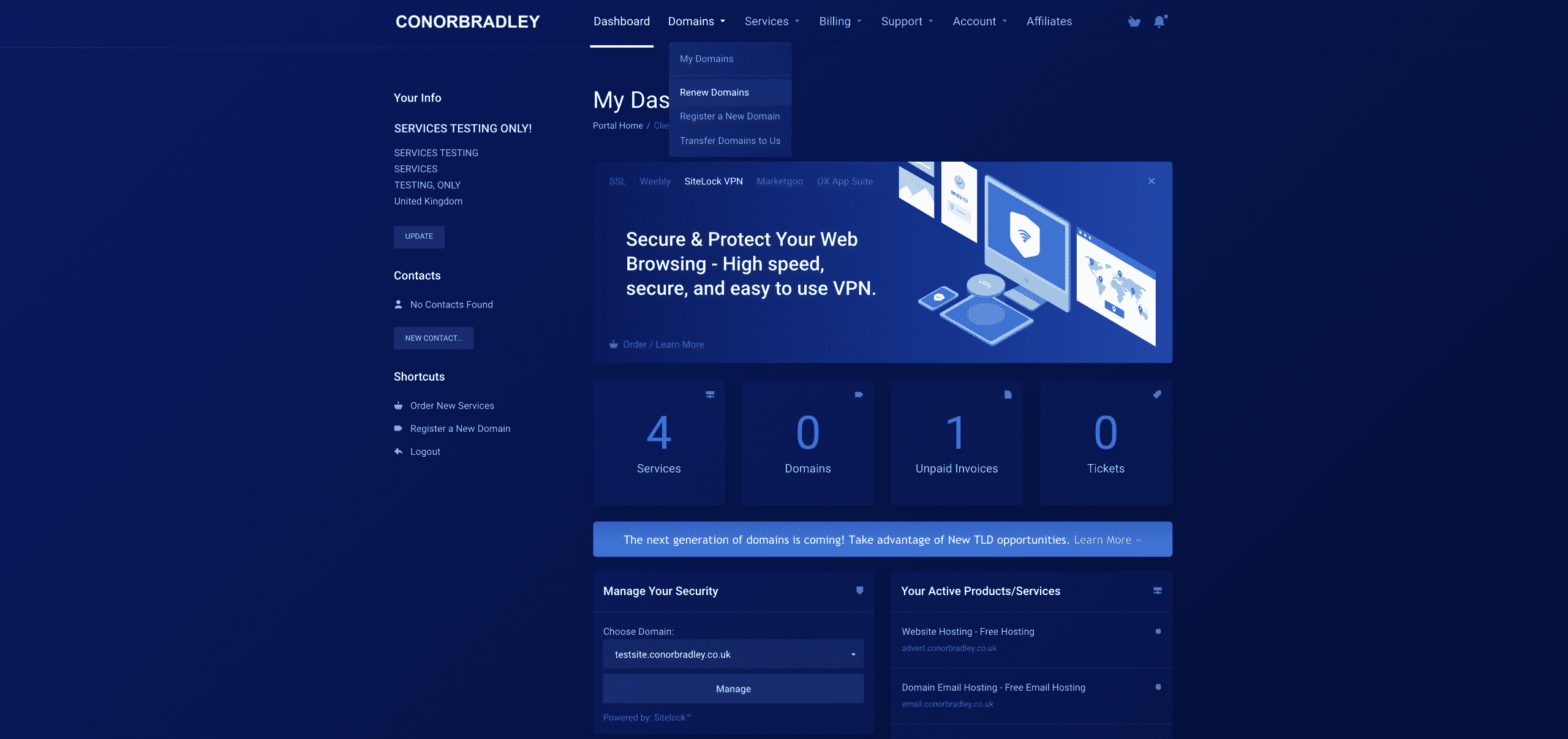 clicking on domains then renew domains in the client portal conor bradley digital agency