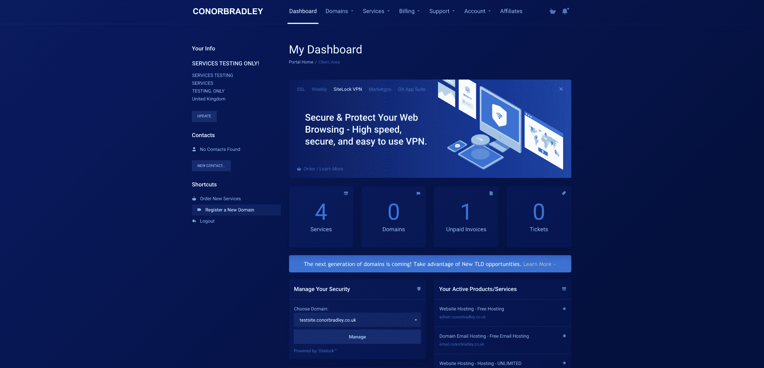clicking on register a new domain in the shortcuts menu Conor Bradley Digital Agency