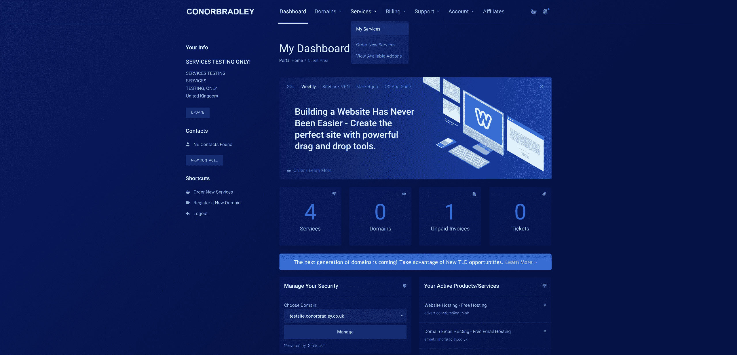 clicking on services then my services on the client portal dashboard conor bradley digital agency