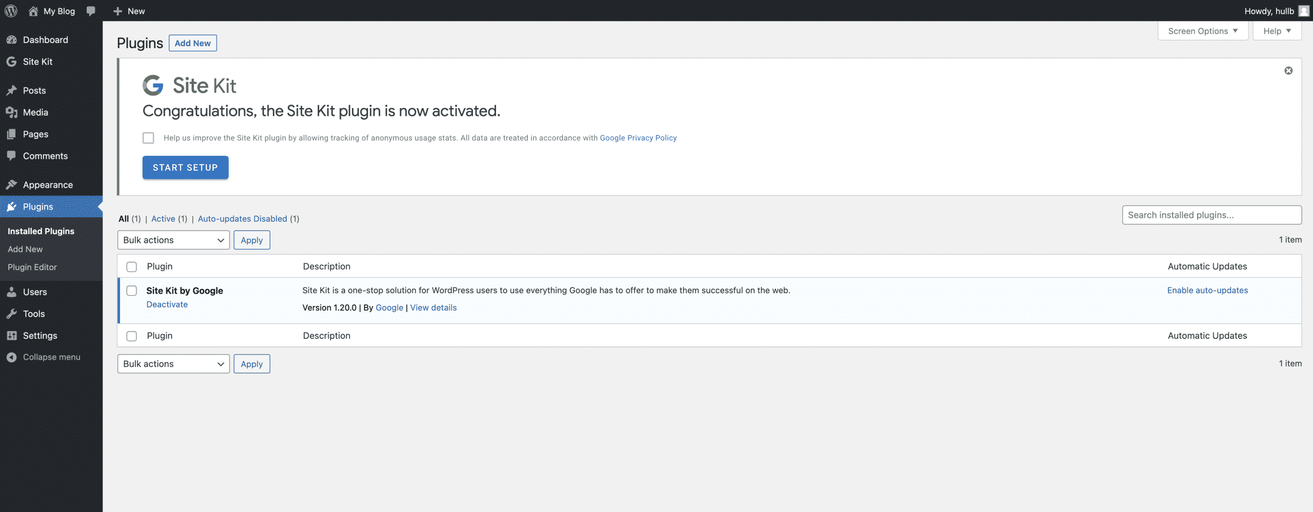 clicking start set up for google site kit in the wordpress plugins dashboard conor bradley digital agency