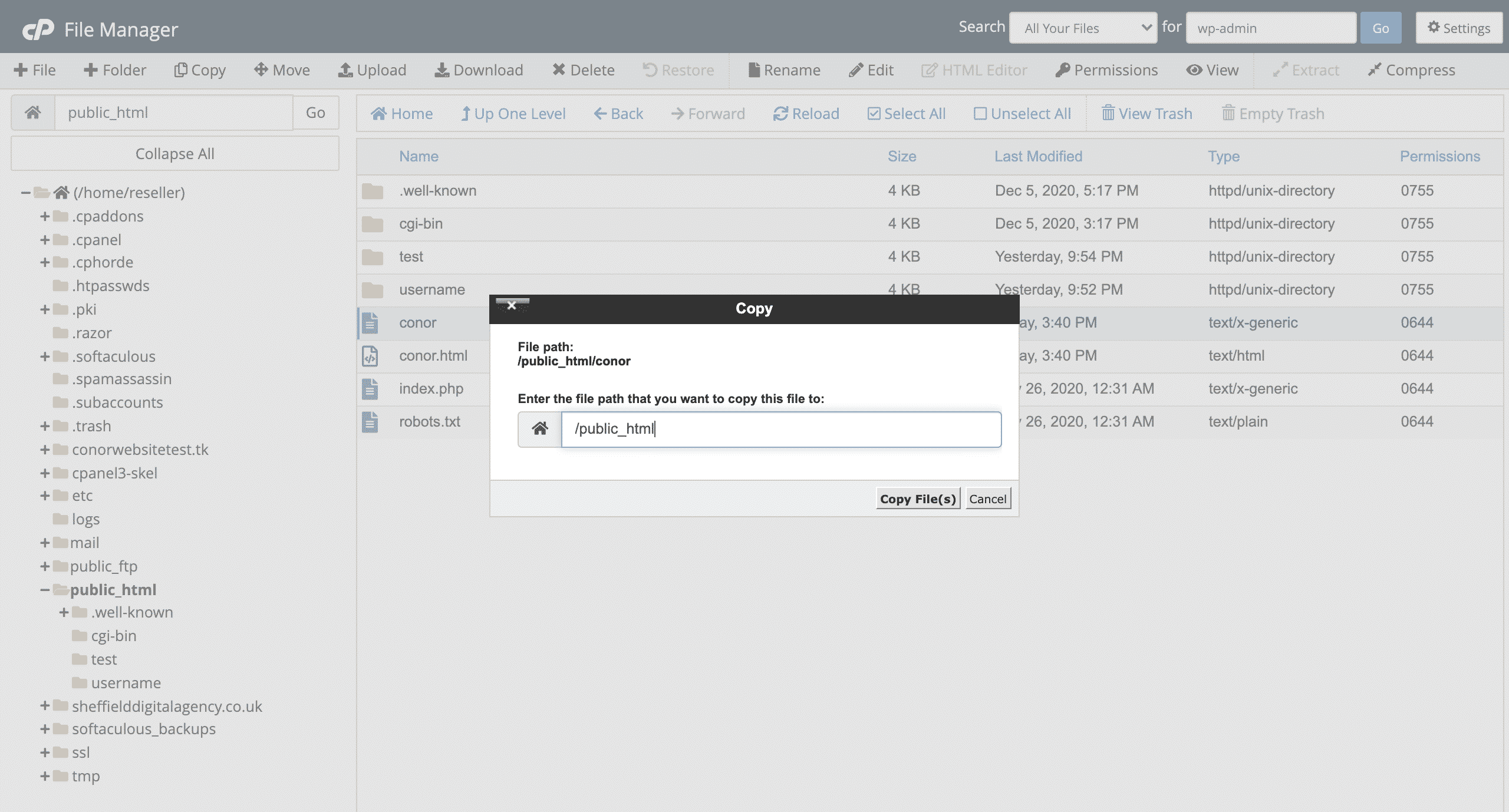 copying files in cPanel file manager screenshot conor bradley digital agency