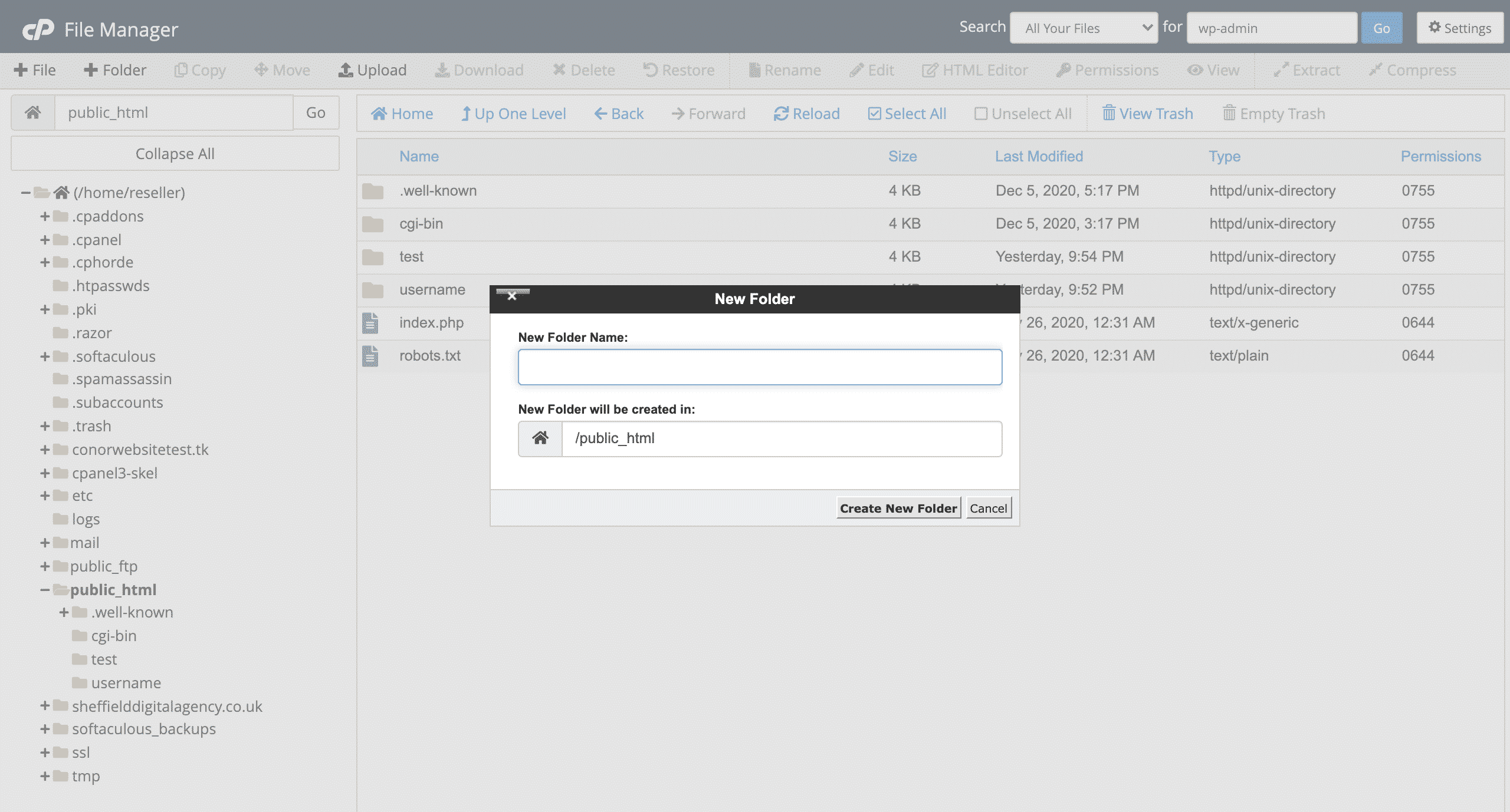 creating a new folder in cPanel file manager screenshot conor bradley digital agency
