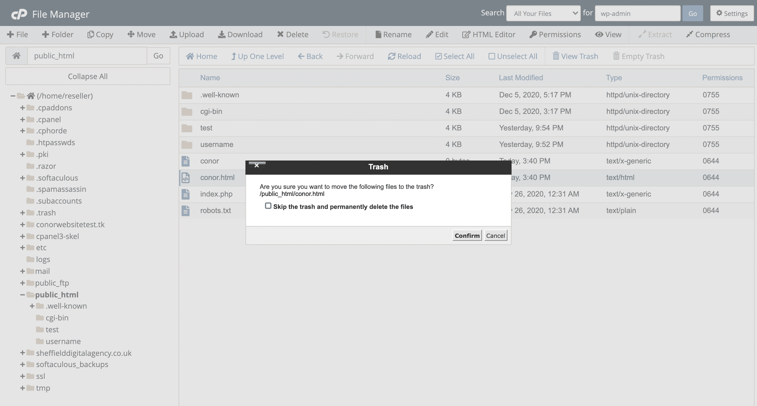 deleting files in cPanel file manager screenshot conor bradley digital agency