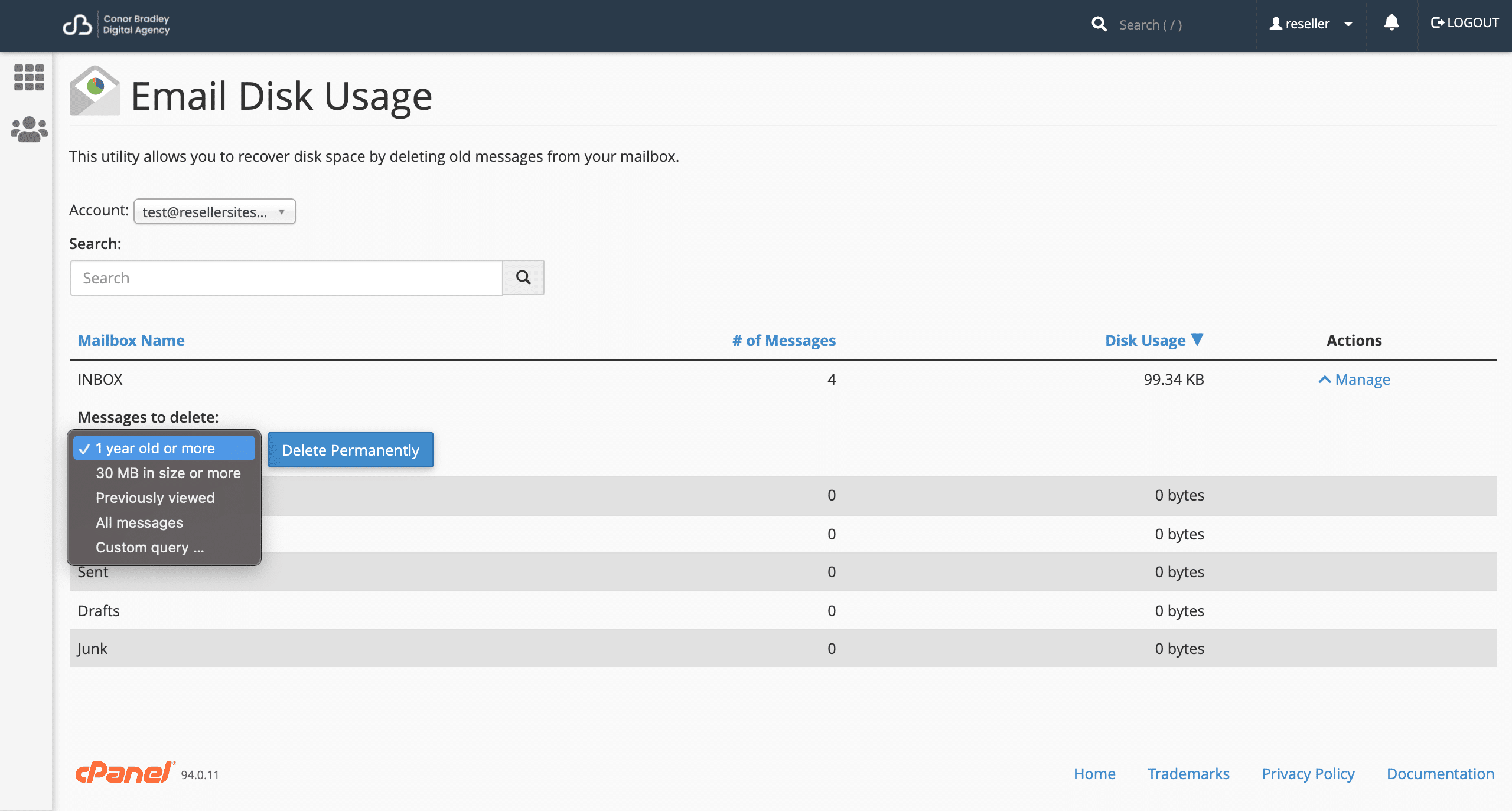 email disk usage screenshot in cPanel conor bradley digital agency