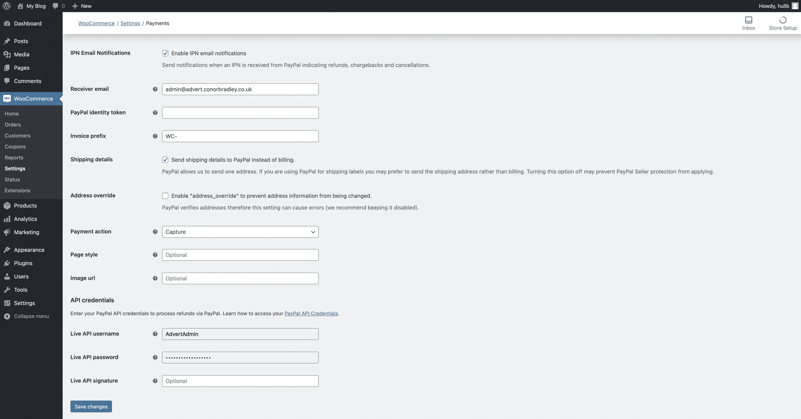 enabling paypal in woocommerce and filling in the relevant information including paypal email address and API key Conor Bradley Digital Agency