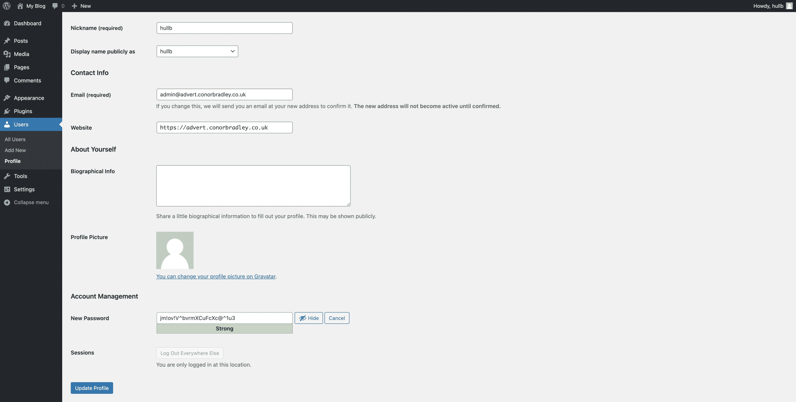generating a new password on wordpress then pressing update conor bradley digital agency