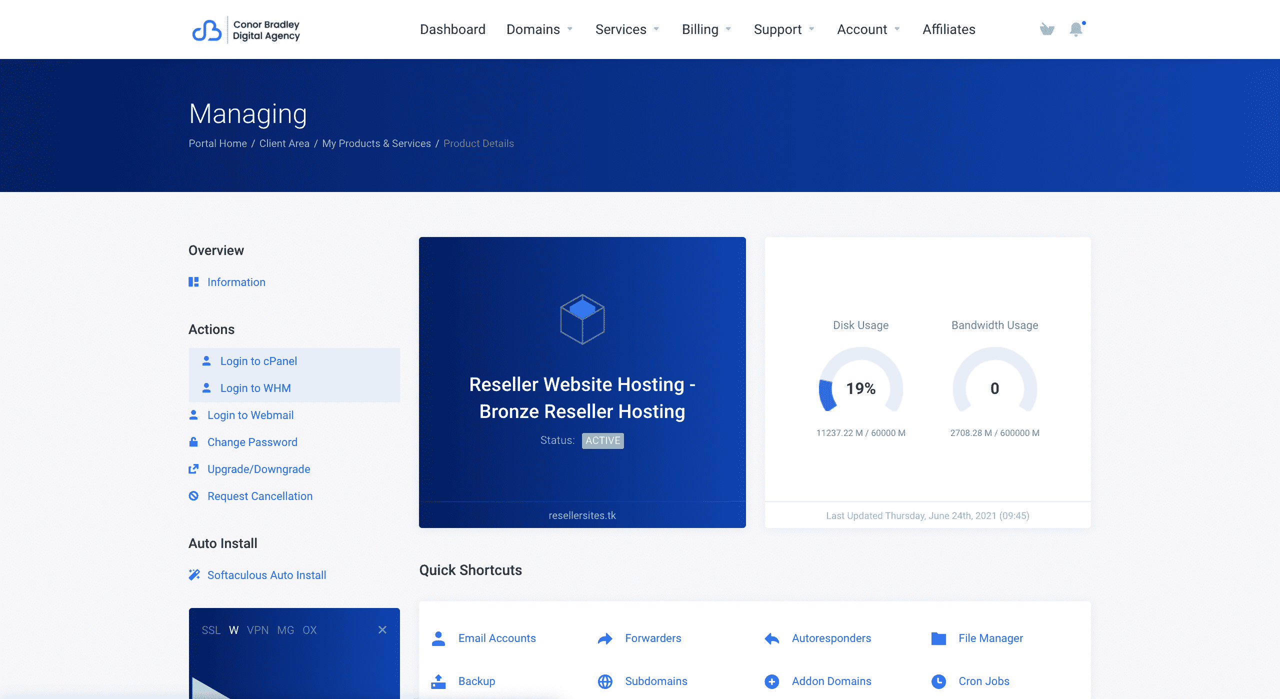 loging in to WHM through the client portal conor bradley digital agency