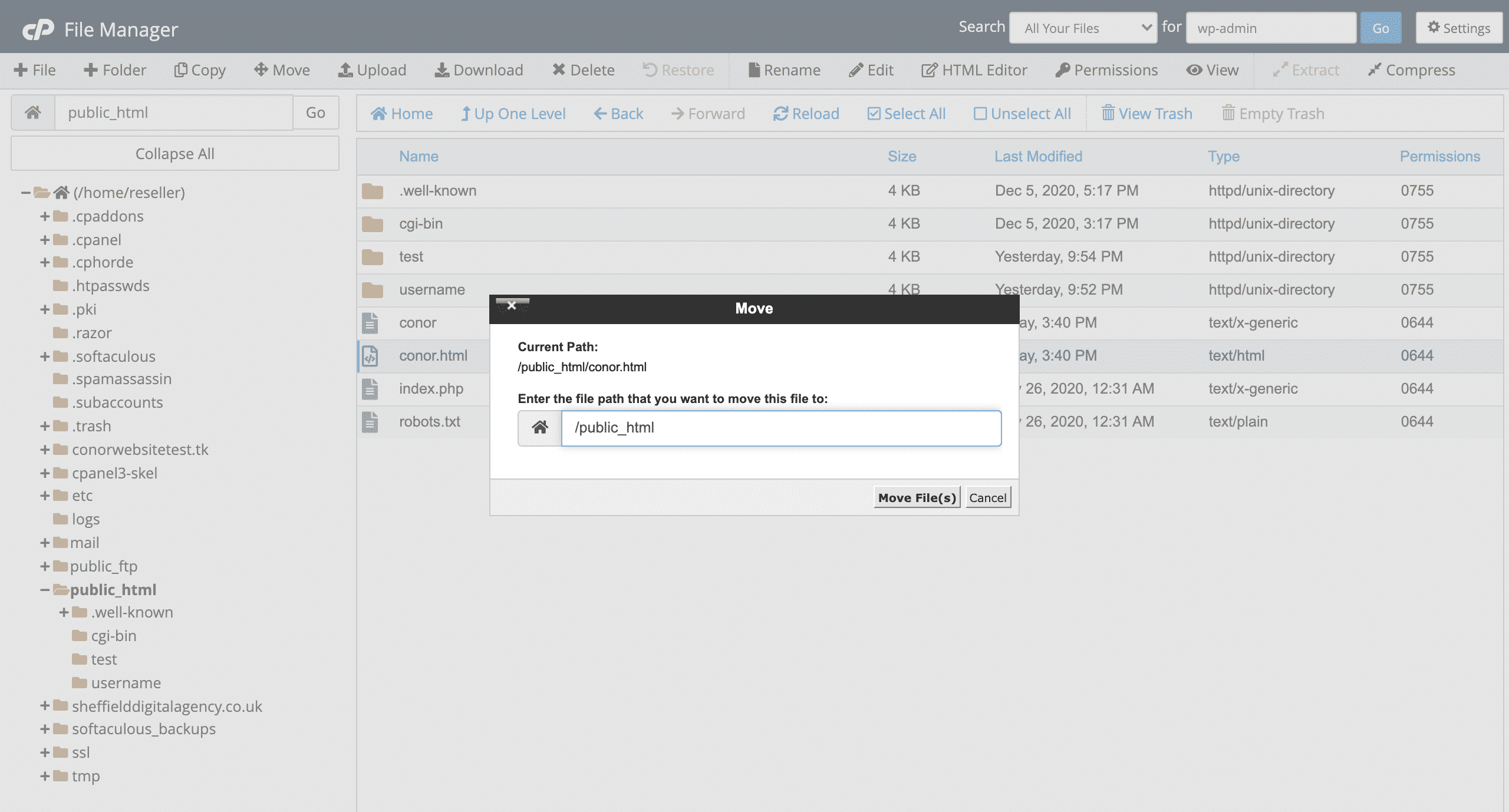 moving files in cPanel file manager screenshot conor bradley digital agency