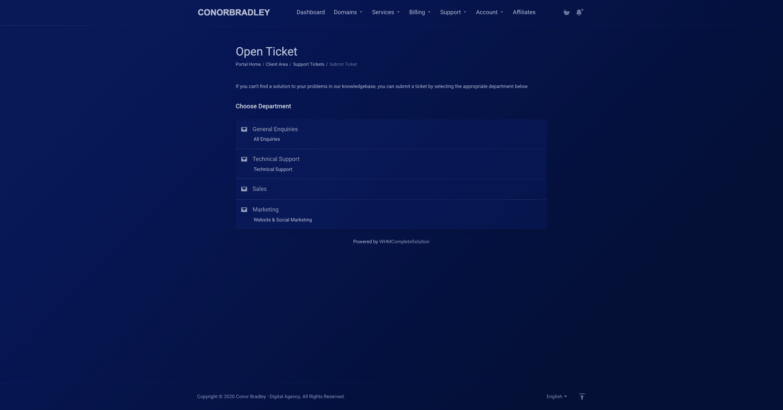 open ticket page selecting the department needed conor bradley digital agency