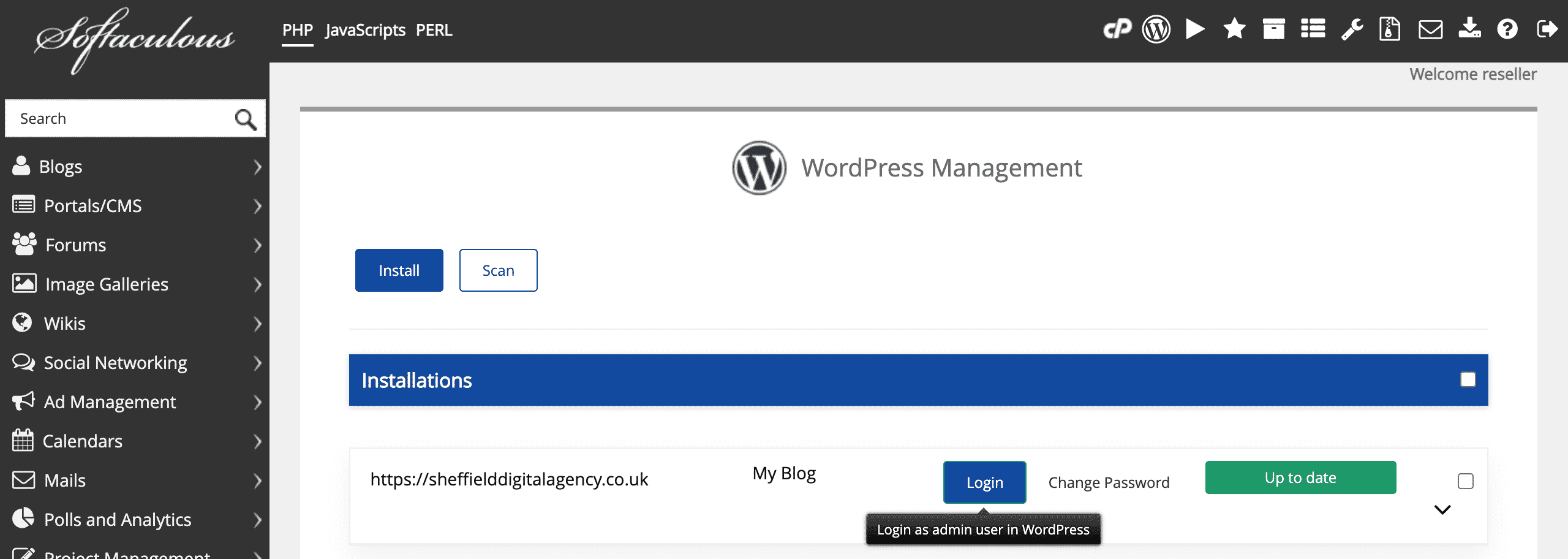 pressing login in the softaculous dashboard conor bradley digital agency