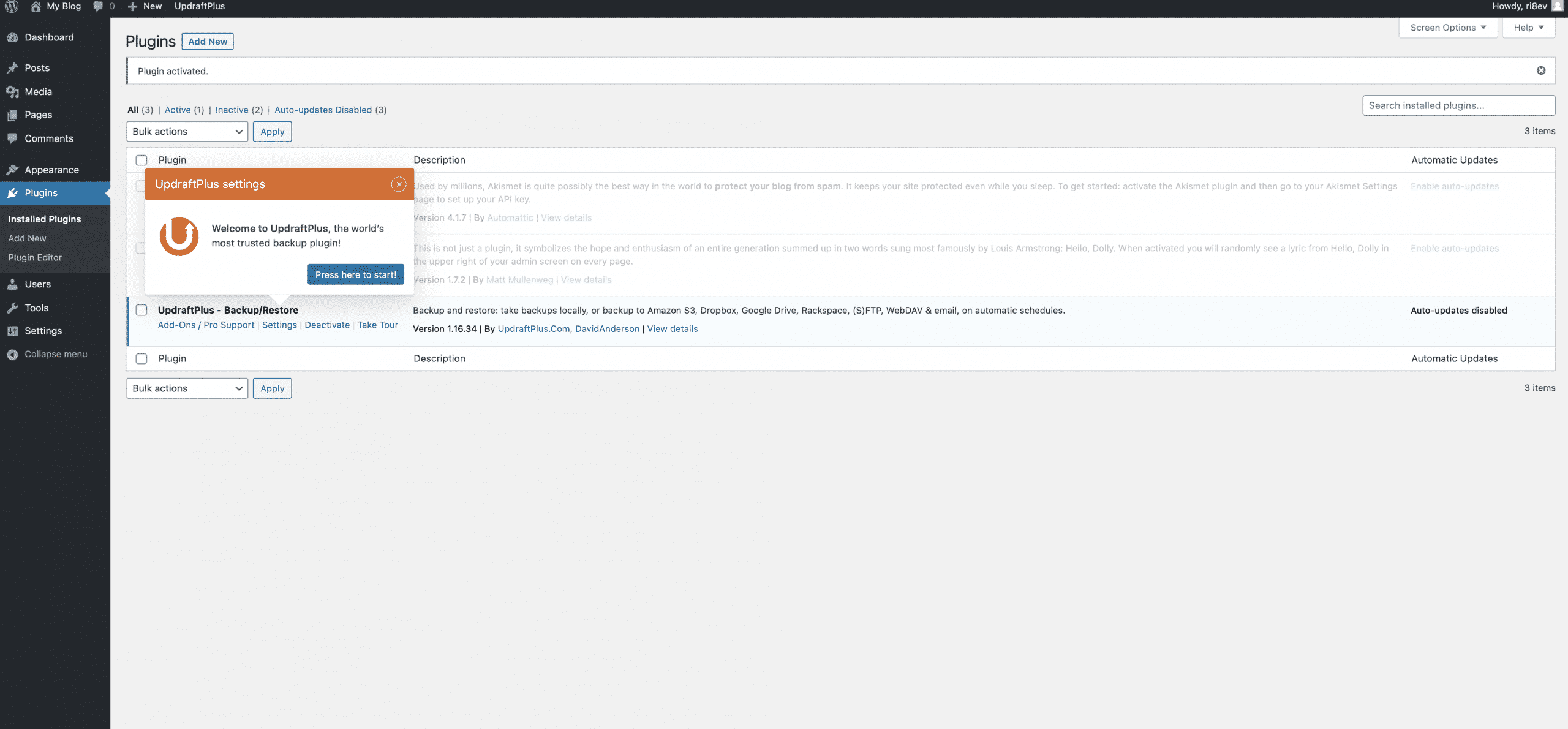 pressing start on the updraftplus plugin in wordpress conor bradley digital agency