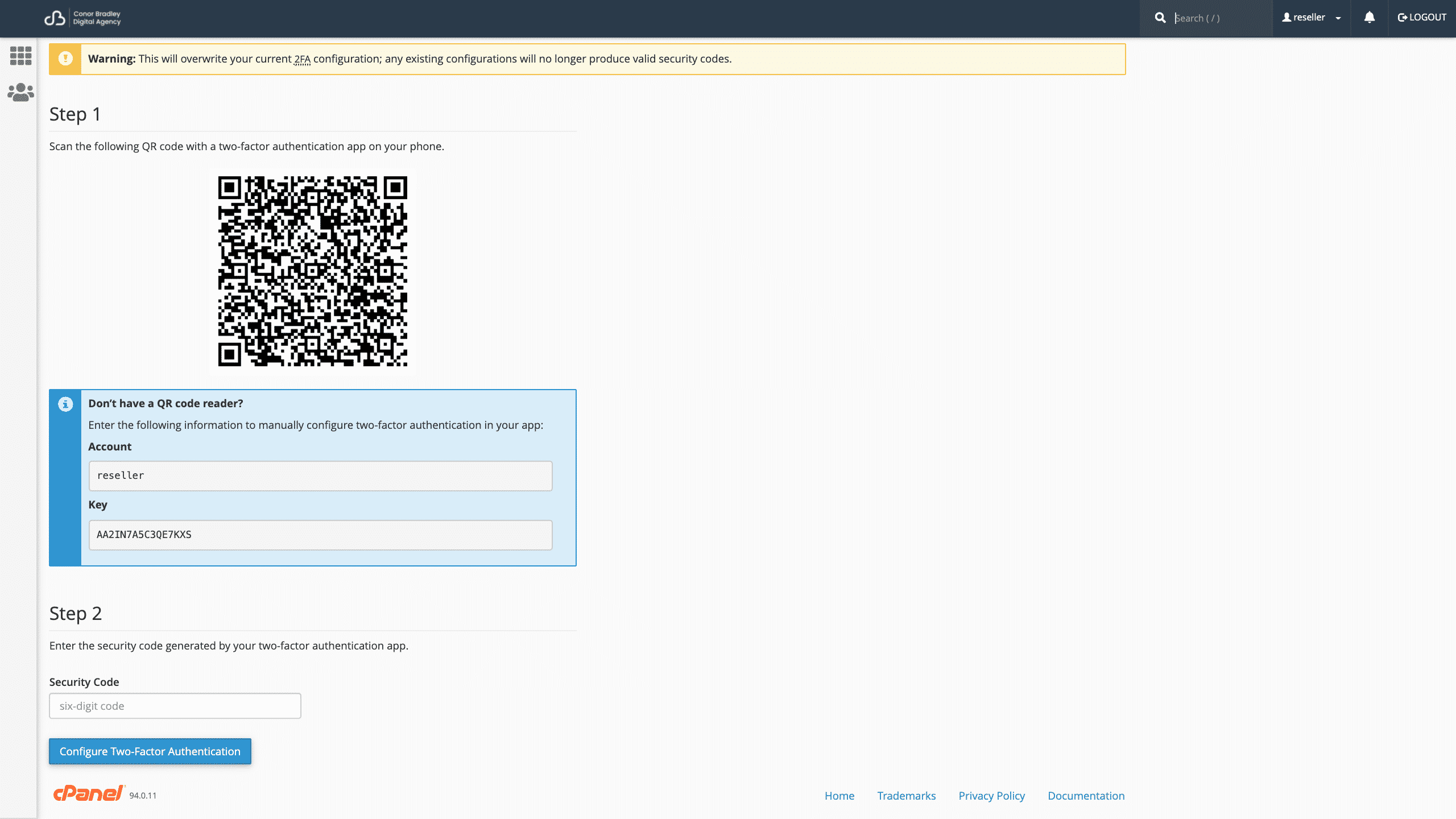 reconfiguring two factor authentication in cPanel conor bradley digital agency
