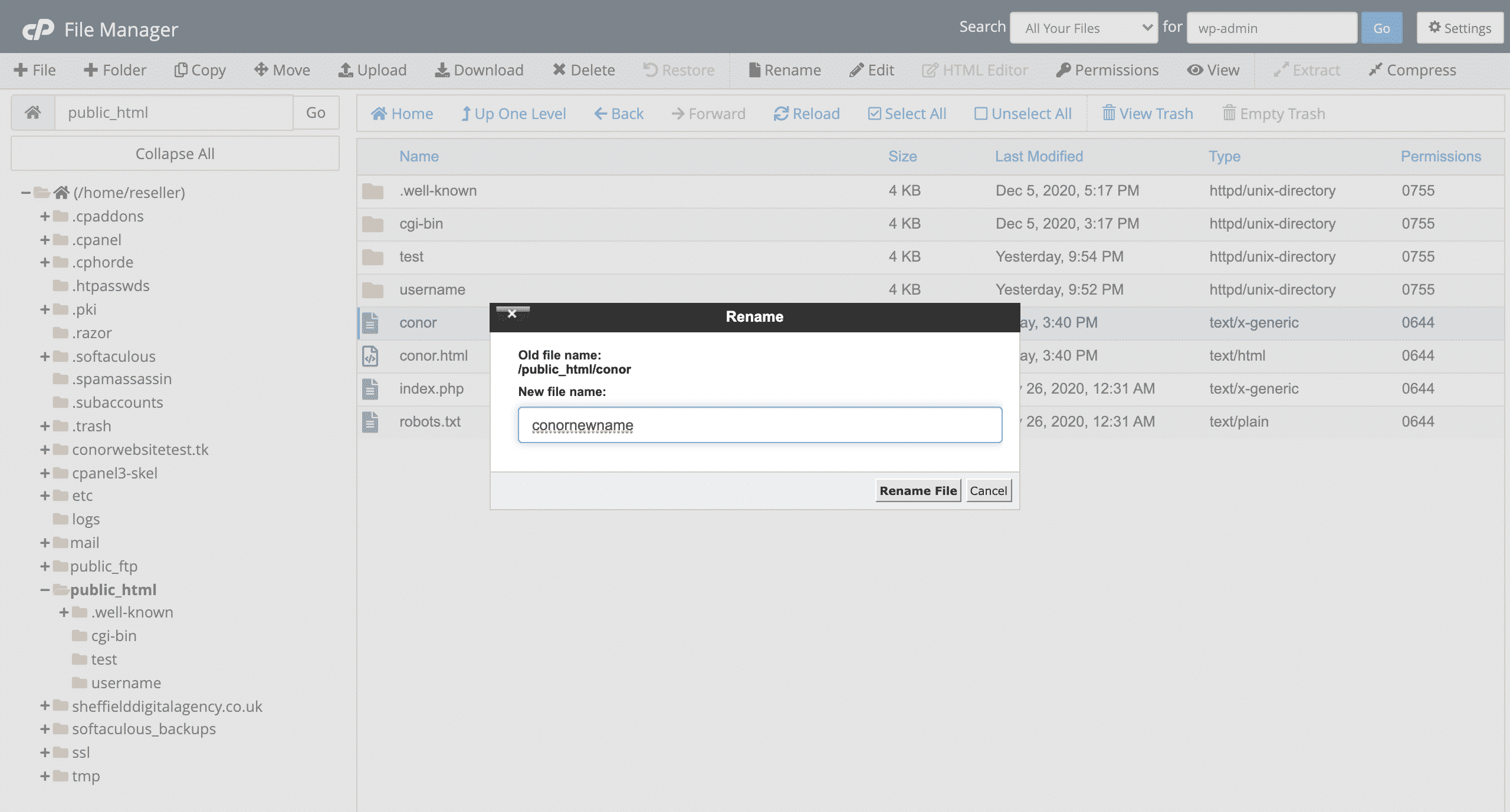 renaming files in cPanel file manager screenshot conor bradley digital agency
