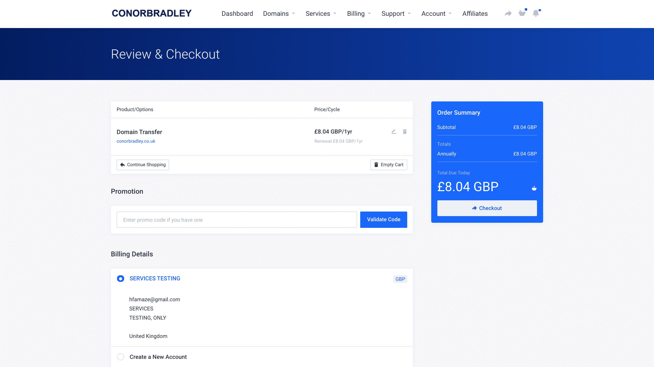 review and checkout for transfer domain conor bradley digital agency sheffield