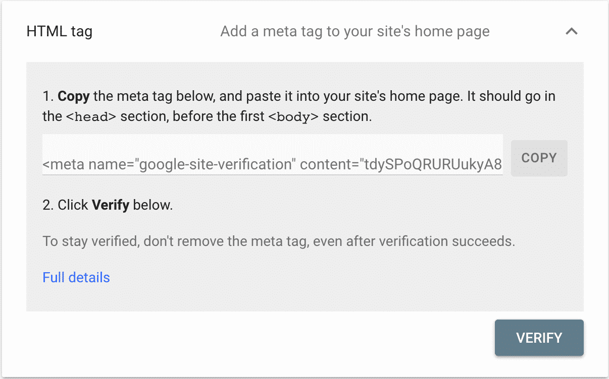 How to verify site ownership with Google screenshot of HTML tag verification in google search console conor bradley digital agency