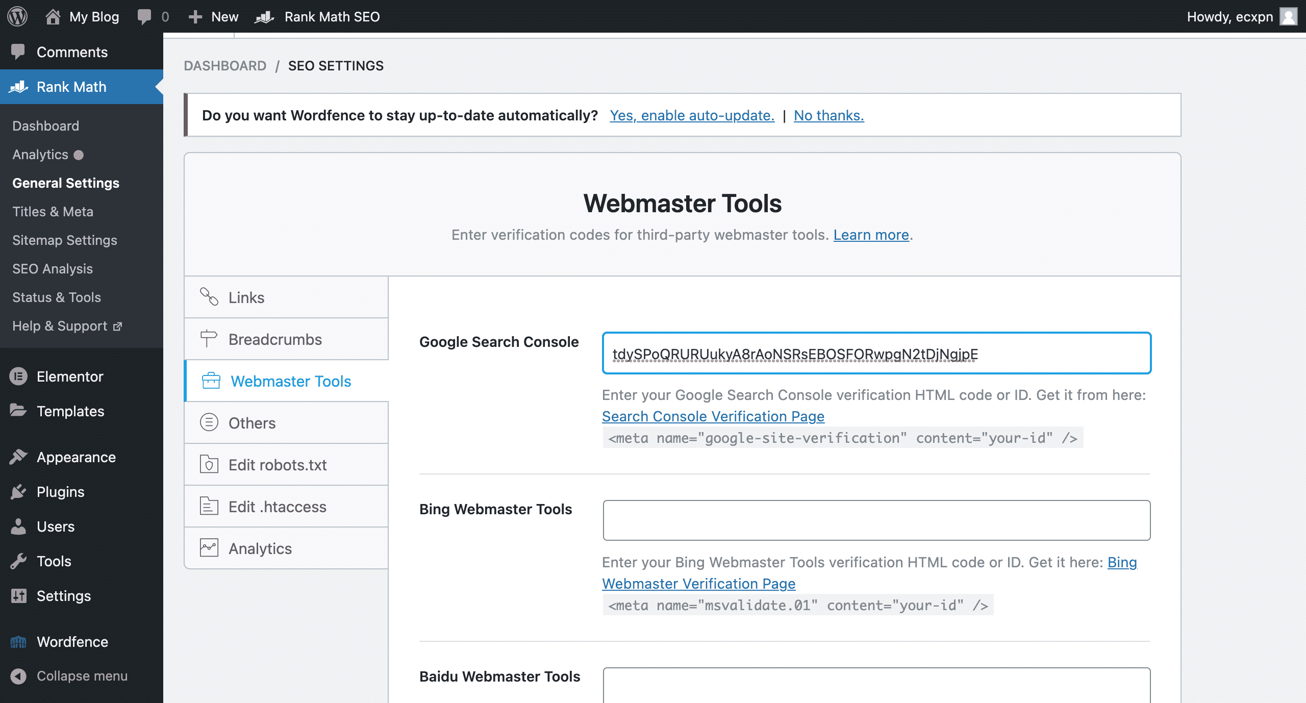 screenshot of rank math webmaster tools conor bradley digital agency