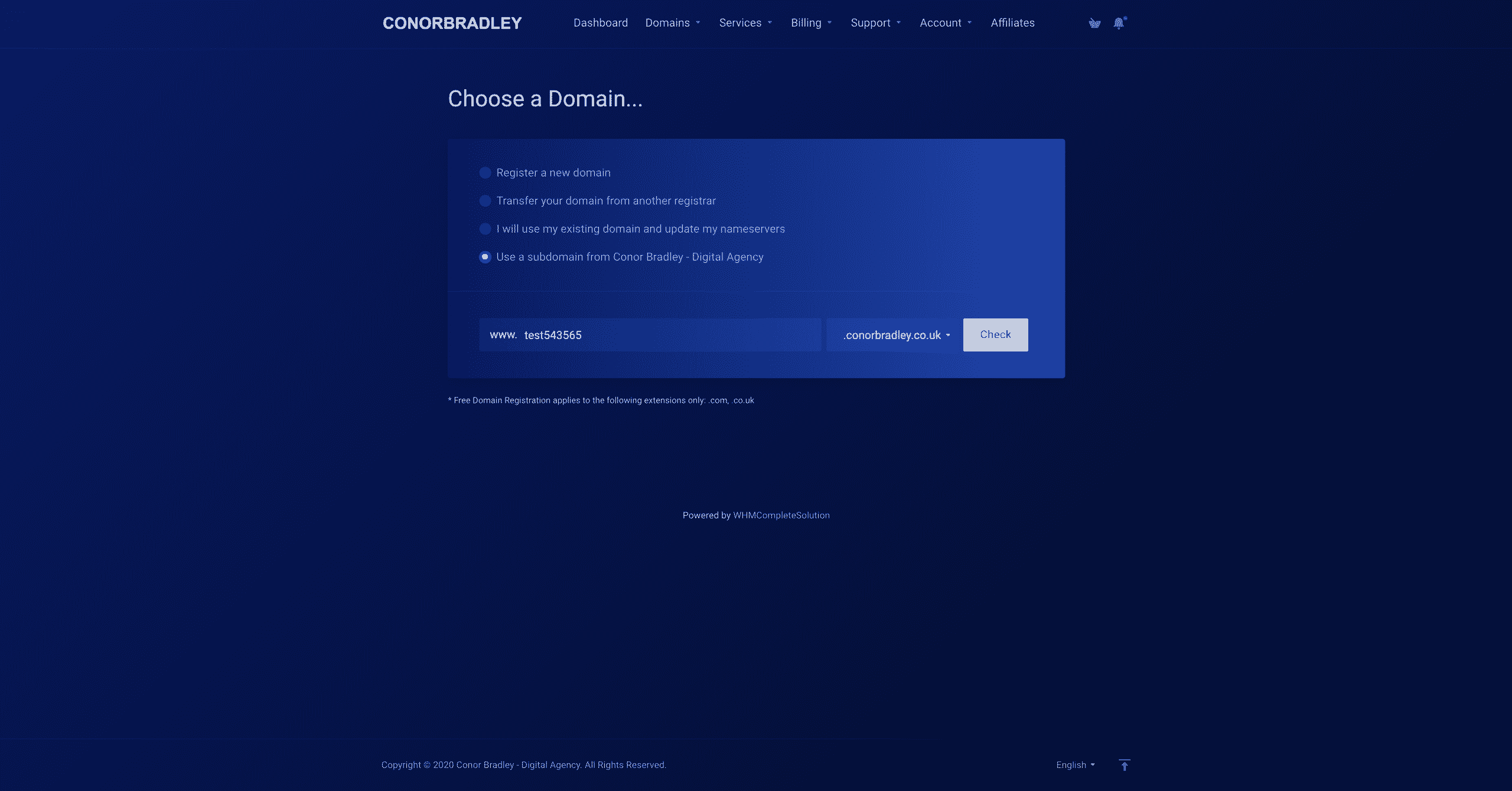 selecting a domain name on the choose a domain section Conor Bradley Digital Agency