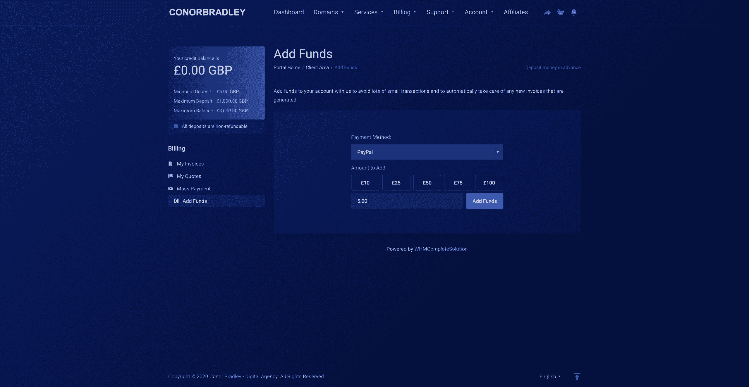 selecting a payment method amount then pressing add funds Conor Bradley Digital Agency