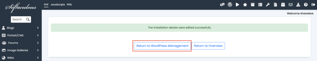 How To Create Automatic WordPress Backups With Softaculous selecting return to wordpress management in Softaculous screenshot Conor Bradley Digital Agency