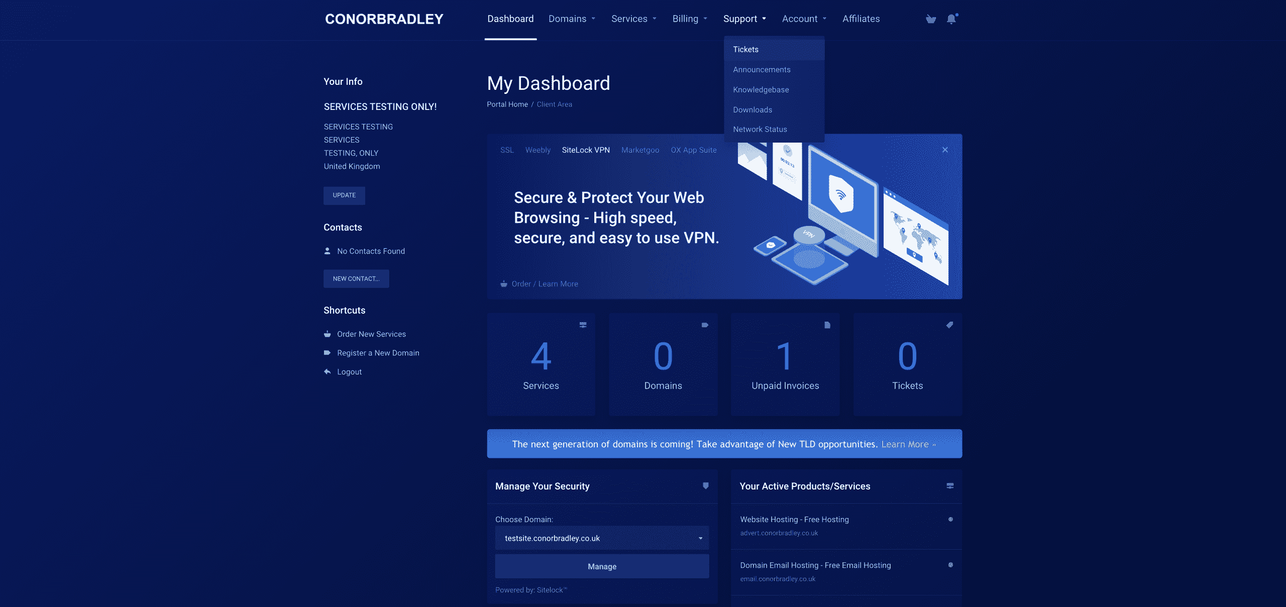 selecting support then tickets on the client portal dashboard conor bradley digital agency