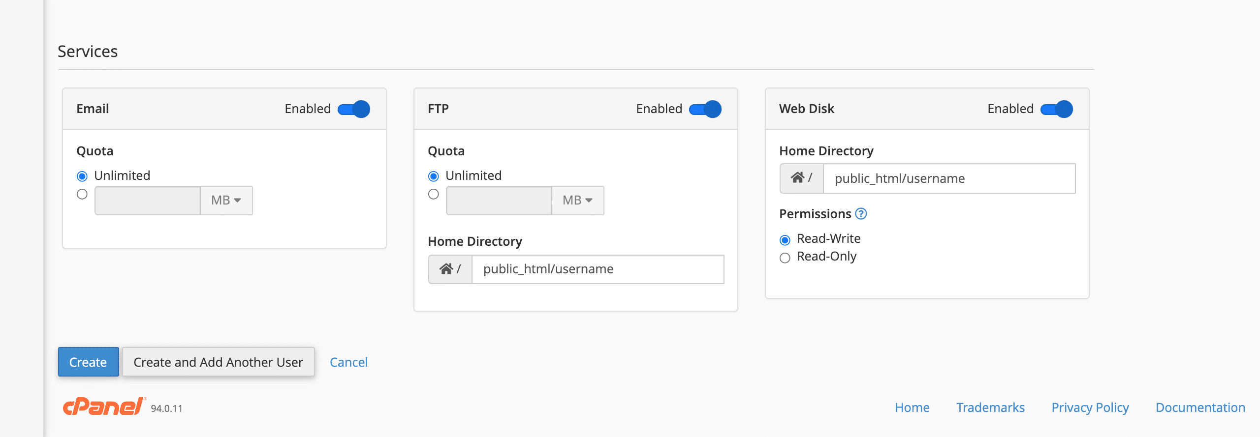 selecting the email ftp and web disk services in cPanel user manager e1624224008327