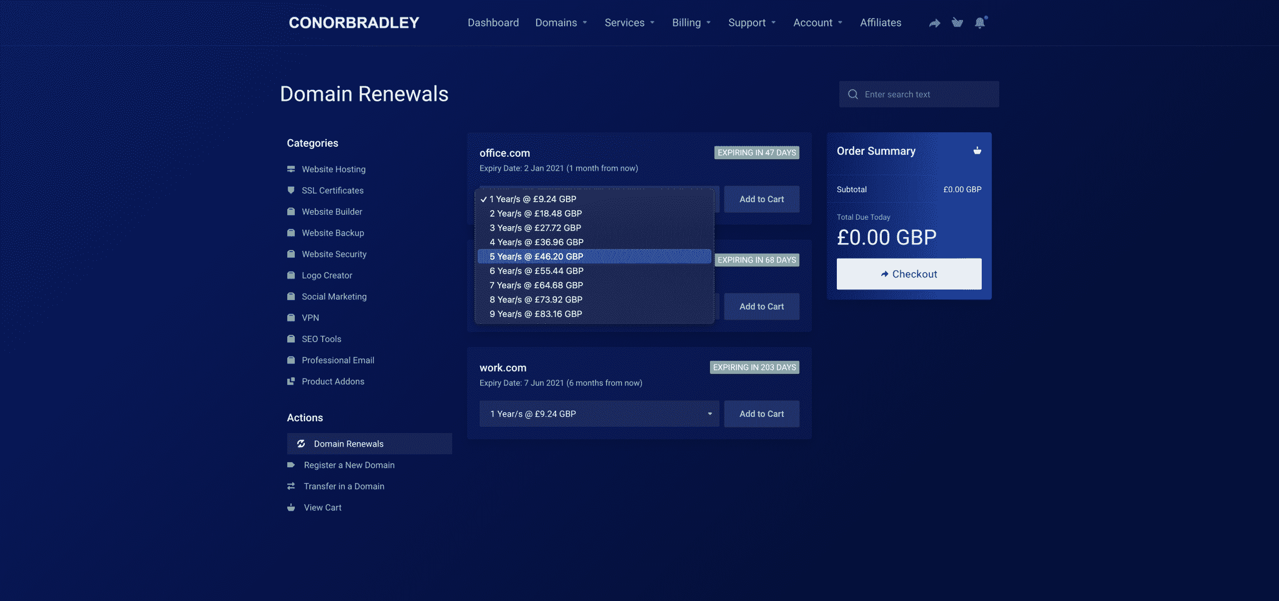selecting the number of years i want to pay upfront for the renewals in domain renewals conor bradley digital agency